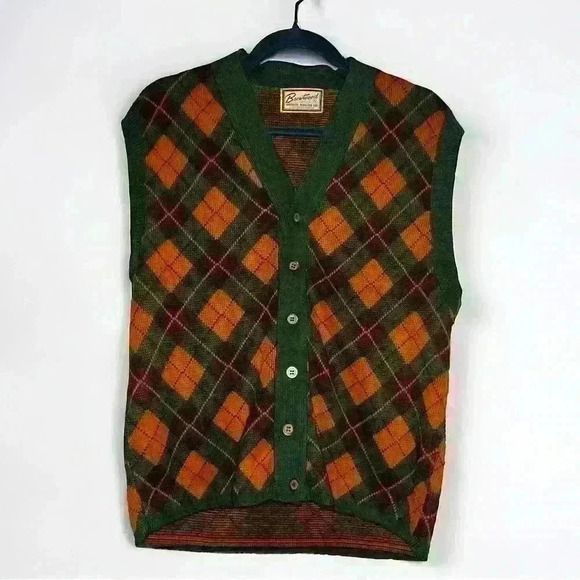 Men’s 50s 60s VTG MCM Mod Argyle Golf Sweater Vest sz L Brentwood Orlon Acrylic - Picture 1 of 3